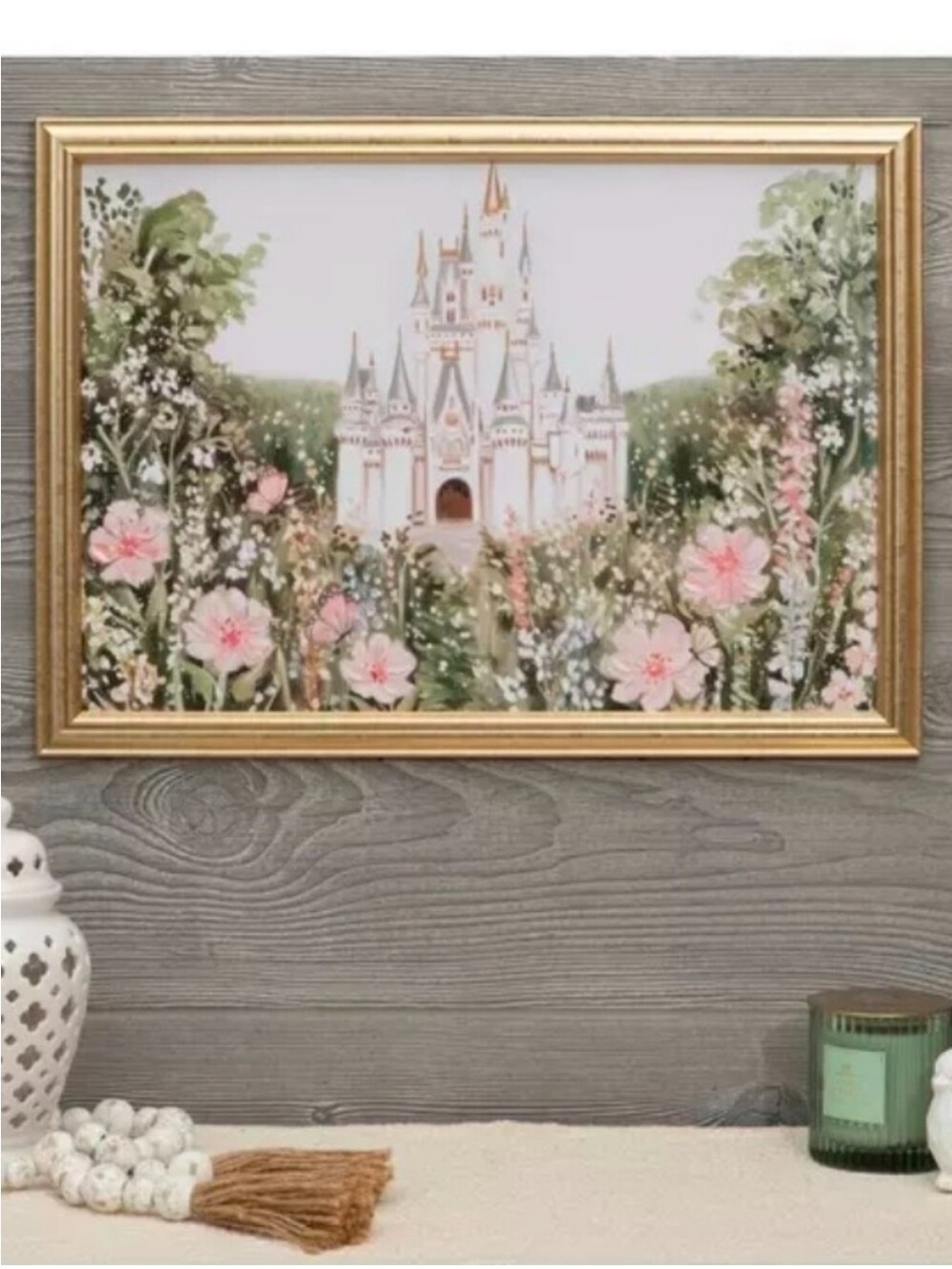 Hobby lobby Disney castle painting floral Castle Wall Art Print in Pink Green